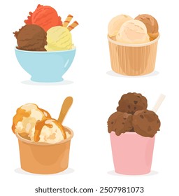 Set of tasty caramel, chocolate, strawberry and vanilla vector ice cream balls in paper cup and blue bowl. Cartoon sweet cold summer dessert illustration.