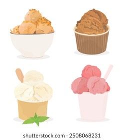 Set of tasty caramel, chocolate, strawberry and vanilla vector ice cream balls in paper cup and white bowl. Cartoon sweet cold summer dessert illustration.