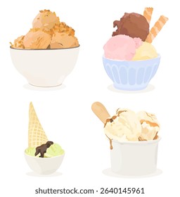Set of tasty caramel, chocolate, strawberry, pistachio and vanilla vector ice cream balls in paper cup and blue bowl. Cartoon sweet cold summer dessert illustration isolated on white.