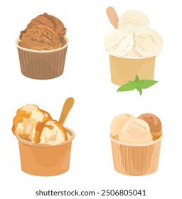 Set of tasty caramel, chocolate and vanilla vector ice cream balls in paper cup. Cartoon sweet cold summer dessert illustration.