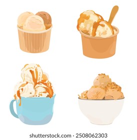 Set of tasty caramel, chocolate and vanilla vector ice cream balls in paper cup and bowl. Cartoon sweet cold summer dessert illustration.