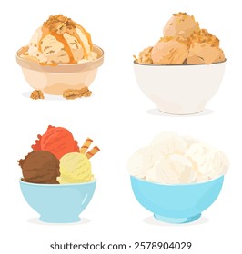 Set of tasty caramel, vanilla, chocolate and strawberry ice cream ball in blue and white bowl. Cartoon cold dessert vector illustration isolated on white. 