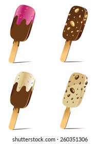 Set of tasty cartoon ice cream on wood stick.