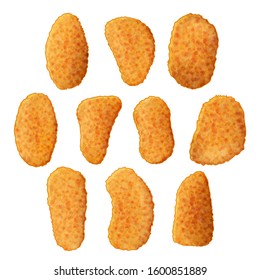 set of tasty chicken nuggets icons on white background. Cartoon style. Vector illustration. Isolated on white. Object for packaging, advertisements, menu. 