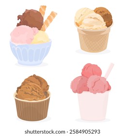 Set of tasty chocolate, strawberry, vanilla and caramel vector ice cream balls in paper cup and blue bowl. Cartoon sweet cold summer dessert icon illustration isolated on white.