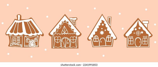 Set of tasty Christmas gingerbread cookies in shape of house on 