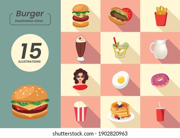 Set of Tasty Colorful Cartoon Vector Breakfast Lunch Dessert Food and Drink Icons. Burger, French Fries, Ice Cream, Milkshake, Egg, Donut, Popcorn, Pancakes, Soda, Cocktail in Flat Style.