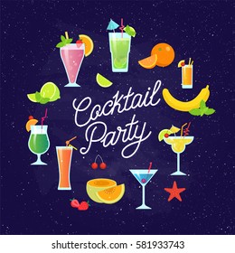 Set of tasty colorful cocktails vector flat design isolated on dark blue background. Summer cocktails and fruits vector banner with lettering. Invitation to the cocktail party.