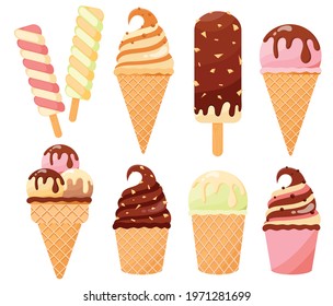 

Set of tasty colorful ice cream. Cartoon style vector illustration. Waffle cone ice cream, frozen dessert, gelato,popsicle, ice lolly twist isolated on white background. Different types of ice cream