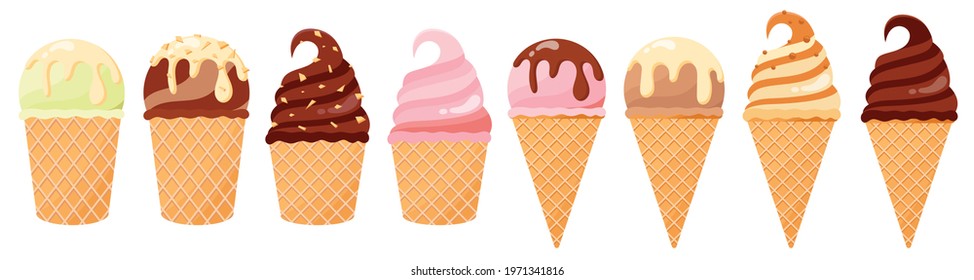 
Set of tasty colorful ice cream. Cartoon style vector illustration. Waffle cone ice cream, frozen dessert, gelato, isolated on white background. Different types of ice creams. 