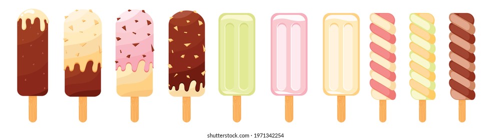 
Set of tasty colorful ice cream on a stick. Cartoon style vector illustration. Frozen dessert with chocolate, popsicle, ice lolly twist isolated on white background. Different types of ice creams. 