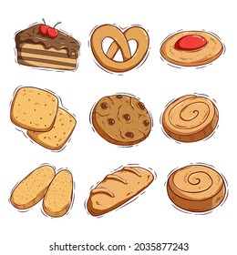 set of tasty cookies and cake with colored doodle style