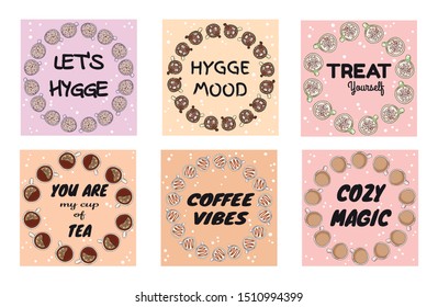 Set of tasty cozy banners with cups of coffee and tea. Hand drawn cartoon style postcards, cute flyer design