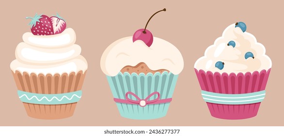 Set of Tasty cupcakes with various frosting isolated. Sweet muffins with fresh berries in color paper cups. Sweet dessert closeup with cherry, strawberry, blueberry, sprinkling. Vector illustration