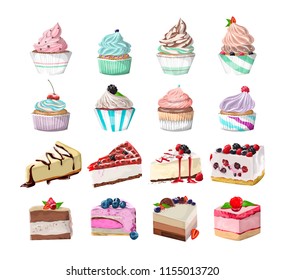 Set of tasty delicious dessert. Cake pieces and cupcakes. Sweet junk food. Isolated vector illustration