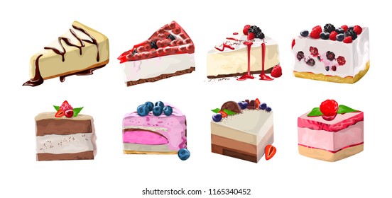 Set of tasty delicious dessert. Realisstic cake pieces with berries. Sweet junk food. Isolated vector illustration