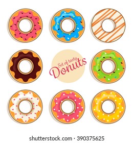 Set of tasty delicious donuts isolated on white background