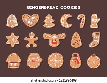 Set of tasty delicious gingerbread cookie for christmas dinner. Collection of homemade dessert in shape of tree and snowflake. Vector flat illustration