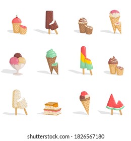 Set of tasty and delicious ice creams vector flat illustration isolated on white background. Chocolate, cherry, vanilla, strawberry, watermelon, and pistachio ice creams. Summer food for cafe design.