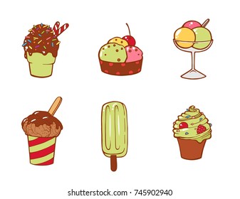 Set of tasty delicious ice-creams and piece of cakes. On white background. Vector illustration for your web design.