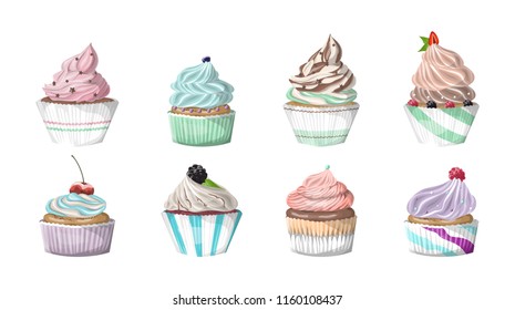 Set of tasty delicious realistic berry cupcakes with cream. Sweet junk food. Isolated vector illustration