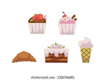 Set Of Tasty Desserts Flat Style, Vector Illustration Isolated On White Background. Cake, Ice Cream And Croissant, Yummy Food, Sweet Product. Cream And Berries, Design Elements