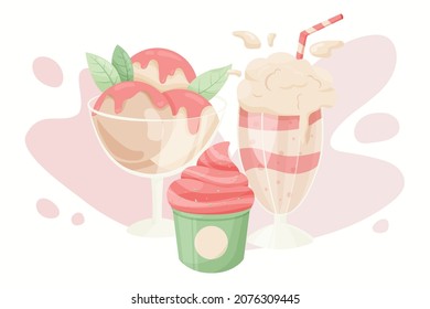 Set of tasty desserts. Ice cream in the cup and in the glass, cherry milkshake isolated on white background. Cartoon illustration for restaurant, cafe, confectionery or website design.