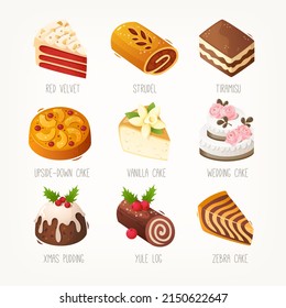 Set of tasty desserts. Slices of traditional holiday pies, cakes, puddings and rolls. Decorated with fruit chocolate and nuts and icing. Multileveled wedding cake. Isolated vector images.