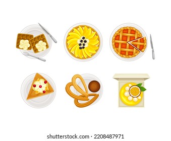 Un surtido de postres deliciosos. Ilustración vectorial de dibujos animados de tipo Waffle, pie, pastelería