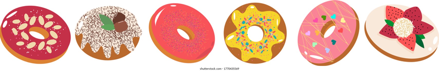 Set of tasty donuts with different toppings, fruit, chocolate, icing. donut for every taste