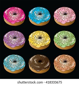 Set of tasty donuts isolated on black. Vector, illustration.