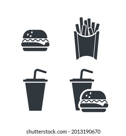 Set of tasty fast food, fries, drink and burger simple black icon isolated on white