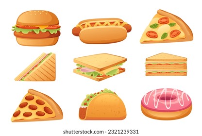 Set of tasty fast food street traditional food vector illustration isolated on white background