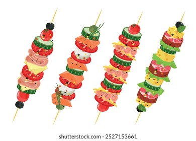 Set tasty food on skewers in cartoon style. Vector illustration of canapes on skewers with fillings: olives, cherry tomatoes, cucumbers, hard cheese, sausage, olives, mozzarella, lettuce, spices.