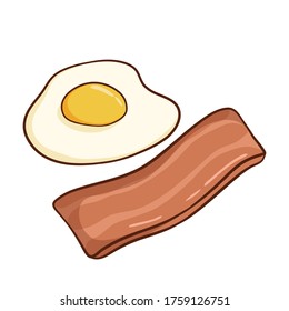 set of tasty fried egg and bacon for breakfast with colored doodle style