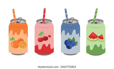 Set of tasty fruit energy drinks with straws in cartoon style.Vector illustration of energy drinks in cans with different flavors: orange, cherry, blueberry, watermelon isolated on a white background.