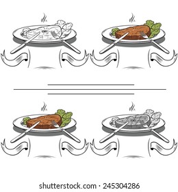 set tasty Grilled Steak and Green lettuce on a plate-Illustration