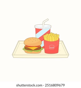 set of tasty hamburger with fries and cola drink on tray, vector illustration