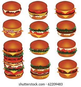 set of tasty hamburgers with meat, cheese, tomato, lettuce