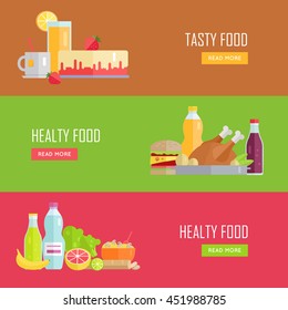 Set of Tasty and Healthy Food banners. Flat design. Collection of nutrition horizontal concept vectors with various foods and drinks. Illustration for cafe, grocery, farm web page, menus design.   