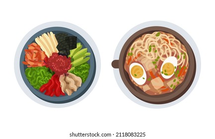 Set of tasty healthy nutritious dishes served on plates, view from above vector illustration