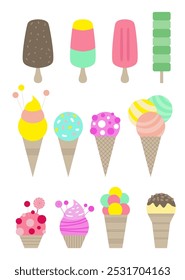 Conjunto de sabrosos iconos de dibujos animados planos de helado sobre fondo blanco. Ilustración vectorial. Colección de pegatinas dulces para comida callejera, confitería, bar, restaurantes, aperitivos.