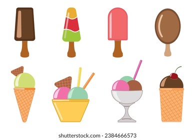 Set of tasty ice cream on a stick, eskimo pie, choc-ice. Gelato with different tastes, eskimo pie, popsicle, collection isolated popsicles with different topping. Vector illustration.