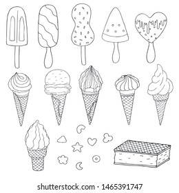 Set of tasty ice cream and popsicles line icon isolated on white