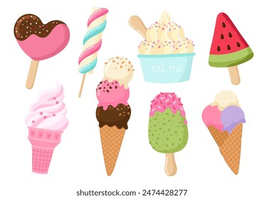 Set of tasty ice cream stickers. Yummy street food, confectionery snacks. Ice cream with different flavors, a collection of isolated ice cream cones, popsicles and fruit ice with different fillings.