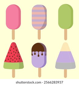 Set of tasty ice cream stickers. Ice cream with different flavors, a collection of isolated ice cream, popsicles and fruit ice with different fillings. Vector