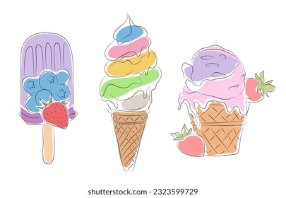 Set of tasty ice cream stylized drawings. Sweet summer desserts sundaes, gelatos with different flavors vector illustration, symbol, logo isolated on transparent background.