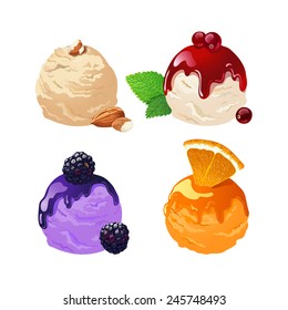 Set of tasty ice cream with toppings. Isolated on white.