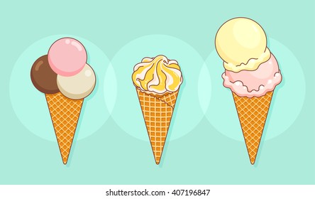Set of tasty ice cream at a turquoise background. Ice cream vector illustration. Ice cream icon. Ice cream isolated on background. Ice cream in flat style. Vector Illustration