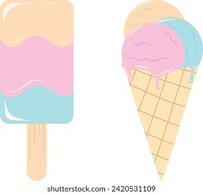 Set of tasty ice creams in flat style. Sweet summer delicacy sundaes, collection isolated ice-cream cones and popsicle on stick. Vector illustration for web,design, print on white isolated background